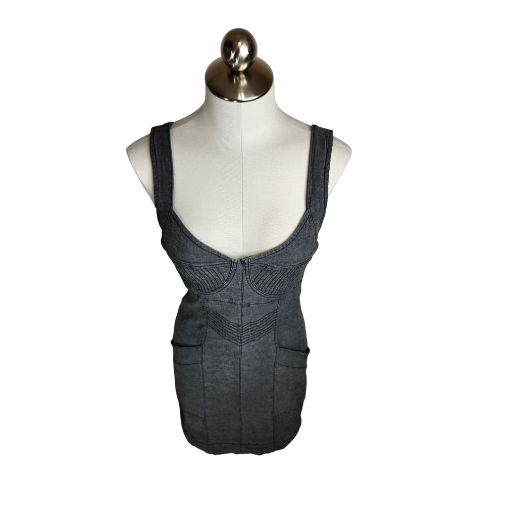 Prairie Underground Denim Bustier Mini Dress Gray Blue‎ Stitch Detail Size M